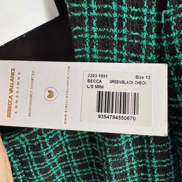 Rebecca Vallance Becca Green Black Check Long Sleeve Mini Dress US 8 UK 12 New - Picture 5 of 11